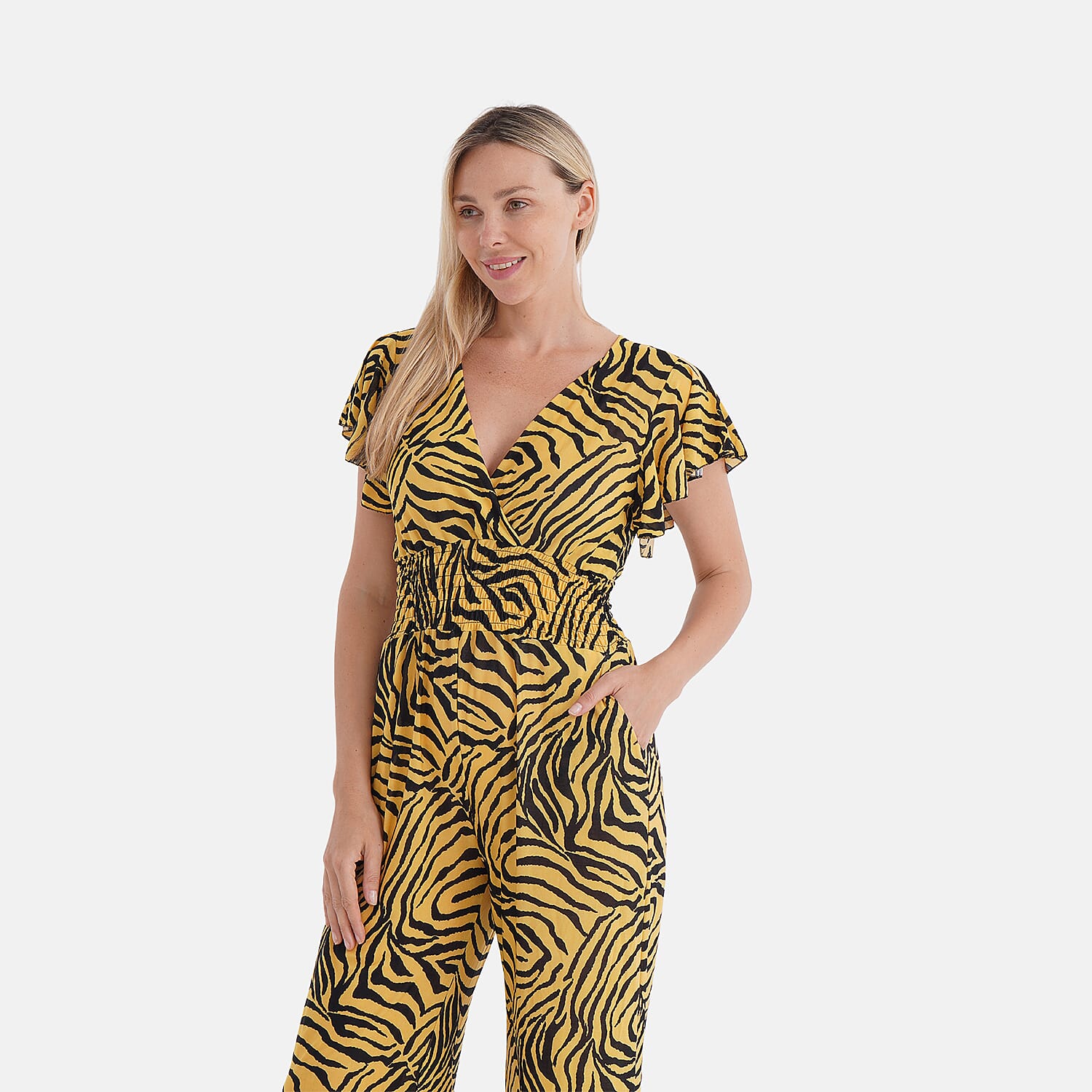 TAMSY Gold Tiger Smocked Jumpsuit with Flutter Sleeve - One size Fits Most