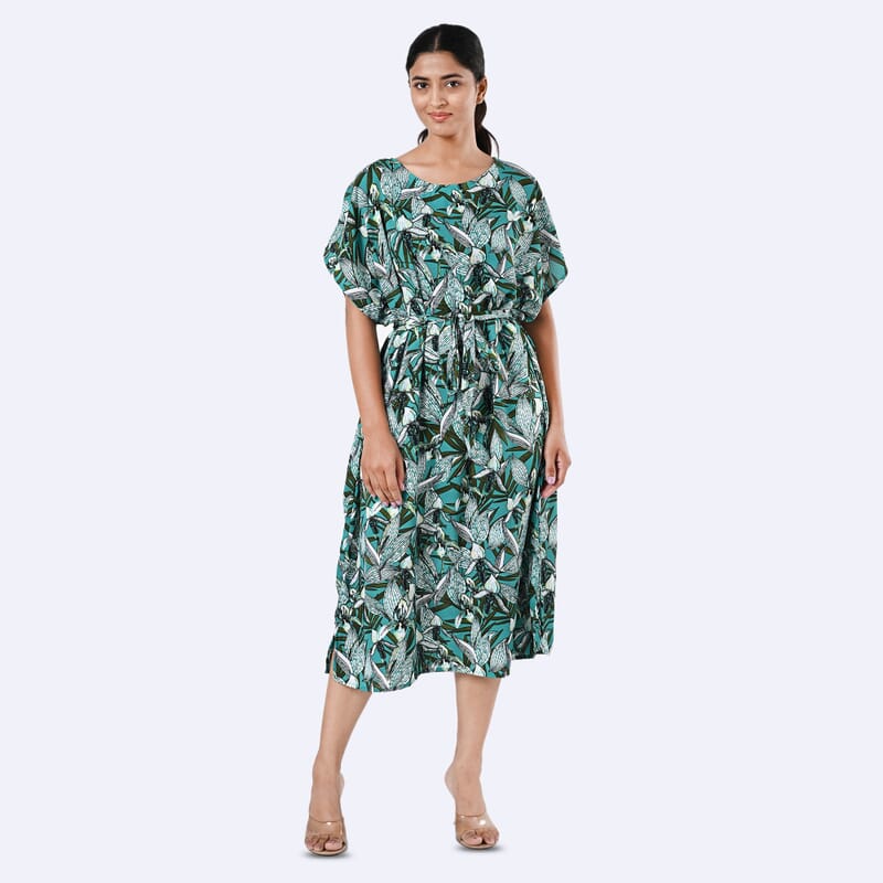 Tamsy Teal Floral Polyester Crepe Kaftan Dress with Belt - One Size Fits Most
