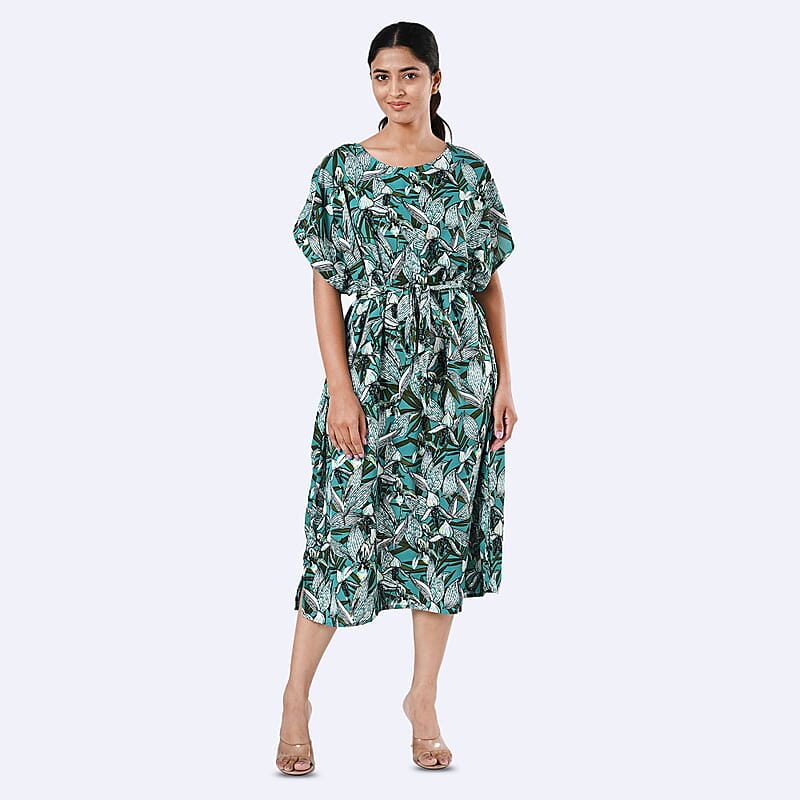 Tamsy Teal Floral Polyester Crepe Kaftan Dress with Belt - One Size Fits Most
