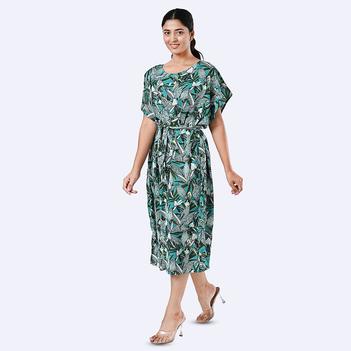 Green Chic Printed Kaftan Dress with Belt - One Size Fits Most image number 1