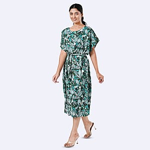 Tamsy Teal Floral Polyester Crepe Kaftan Dress with Belt - One Size Fits Most
