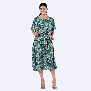 Tamsy Teal Floral Polyester Crepe Kaftan Dress with Belt - One Size Fits Most