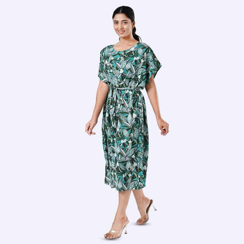 Tamsy Teal Floral Polyester Crepe Kaftan Dress with Belt - One Size Fits Most
