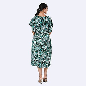 Tamsy Teal Floral Polyester Crepe Kaftan Dress with Belt - One Size Fits Most