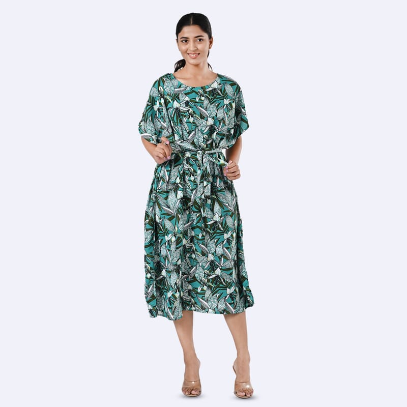 Tamsy Teal Floral Polyester Crepe Kaftan Dress with Belt - One Size Fits Most