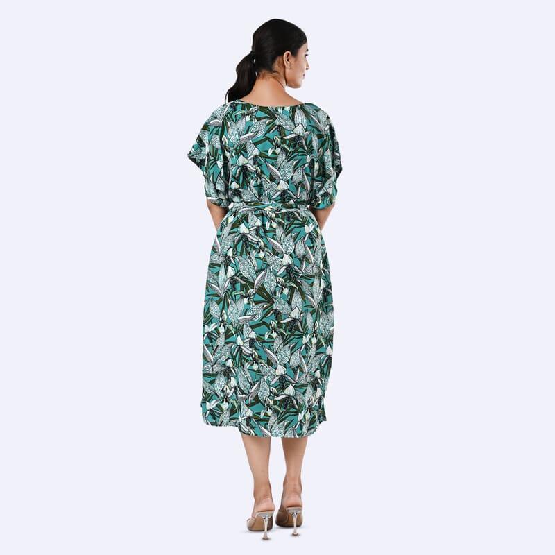Tamsy Teal Floral Polyester Crepe Kaftan Dress with Belt - One Size Fits Most
