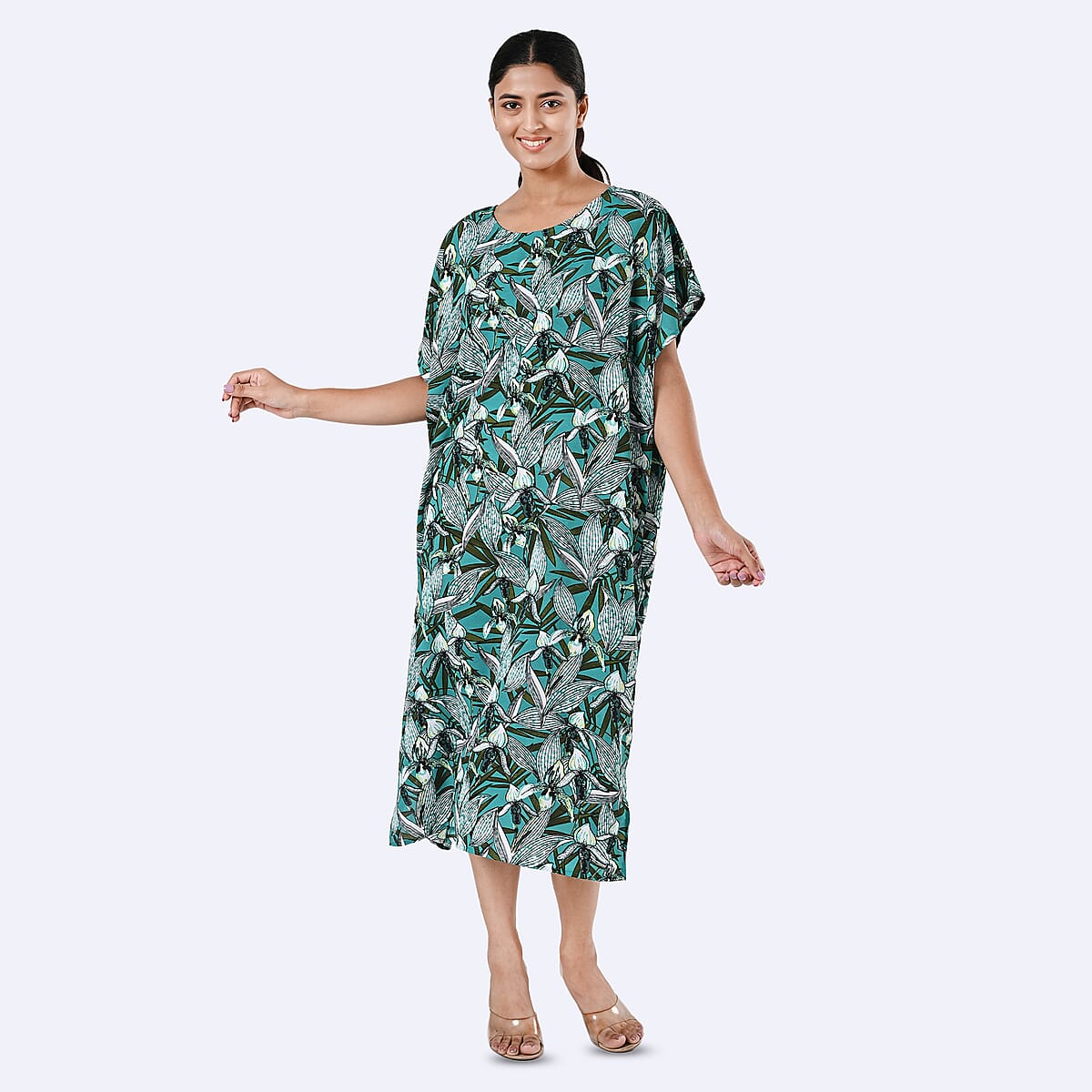 Green Chic Printed Kaftan Dress with Belt - One Size Fits Most image number 5
