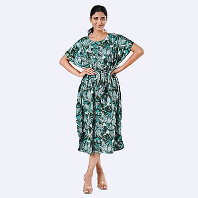 Tamsy Teal Floral Polyester Crepe Kaftan Dress with Belt - One Size Fits Most
