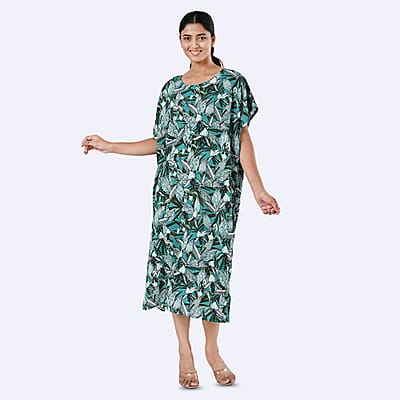 Tamsy Teal Floral Polyester Crepe Kaftan Dress with Belt - One Size Fits Most