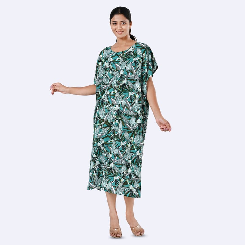 Tamsy Teal Floral Polyester Crepe Kaftan Dress with Belt - One Size Fits Most
