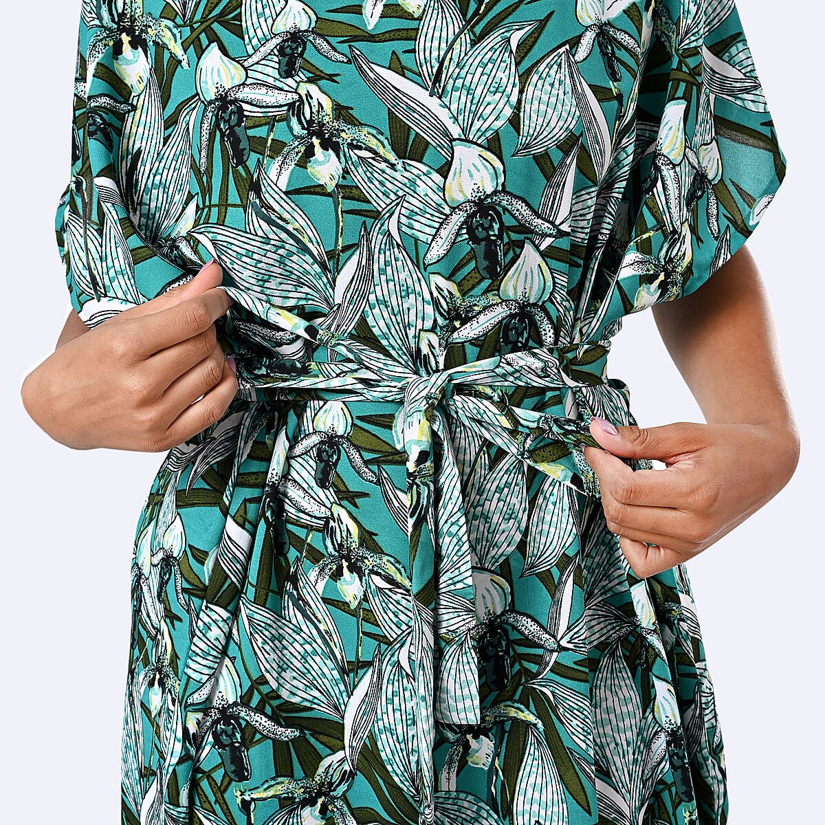 Green Chic Printed Kaftan Dress with Belt - One Size Fits Most image number 7