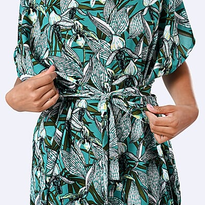 Tamsy Teal Floral Polyester Crepe Kaftan Dress with Belt - One Size Fits Most