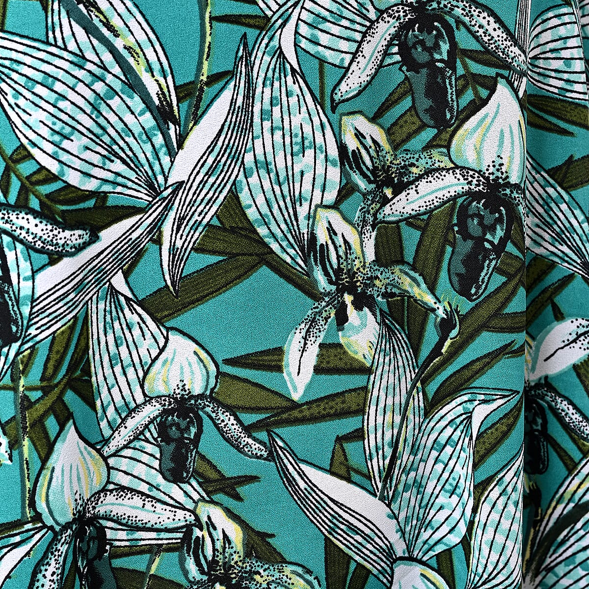 Tamsy Teal Floral Polyester Crepe Kaftan Dress with Belt - One Size Fits Most image number 9