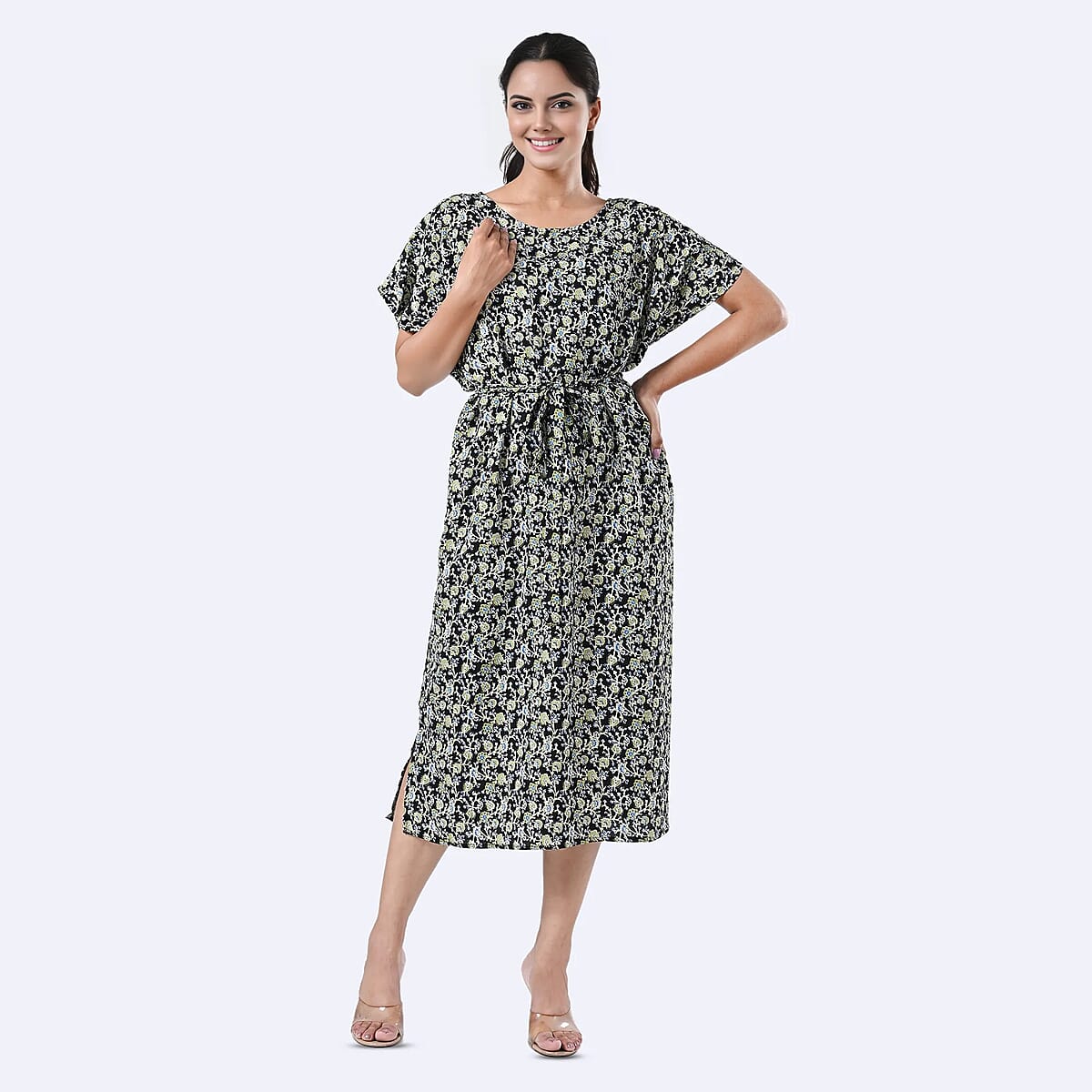 Tamsy Black Floral Polyester Crepe Kaftan Dress with Belt - One Size Fits Most image number 0