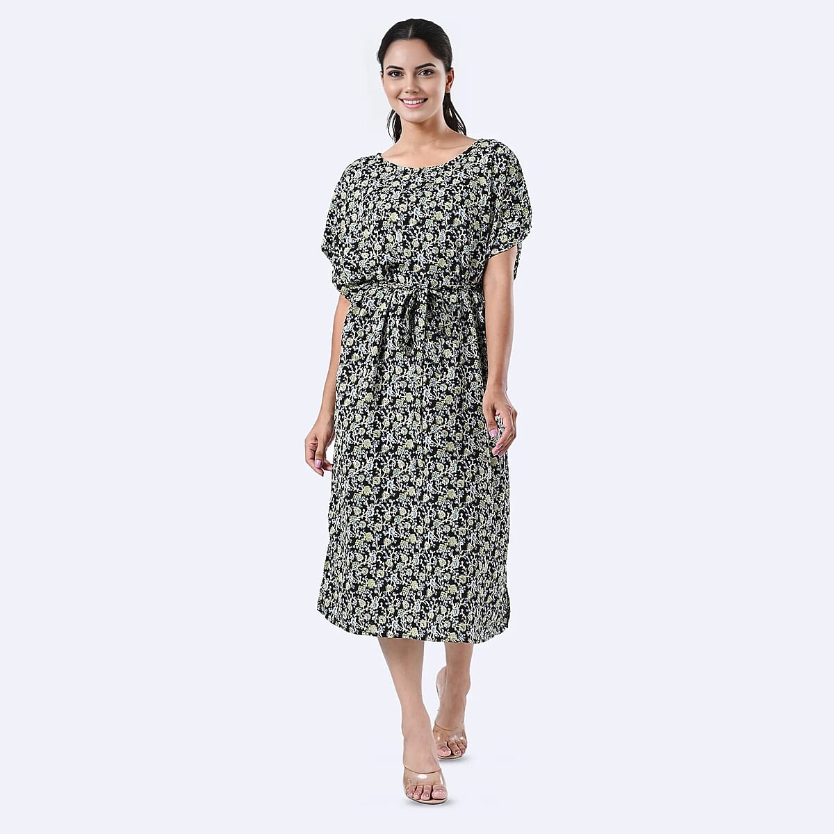 Tamsy Black Floral Polyester Crepe Kaftan Dress with Belt - One Size Fits Most image number 1