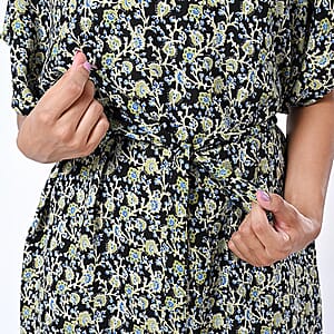 Tamsy Black Floral Polyester Crepe Kaftan Dress with Belt - One Size Fits Most