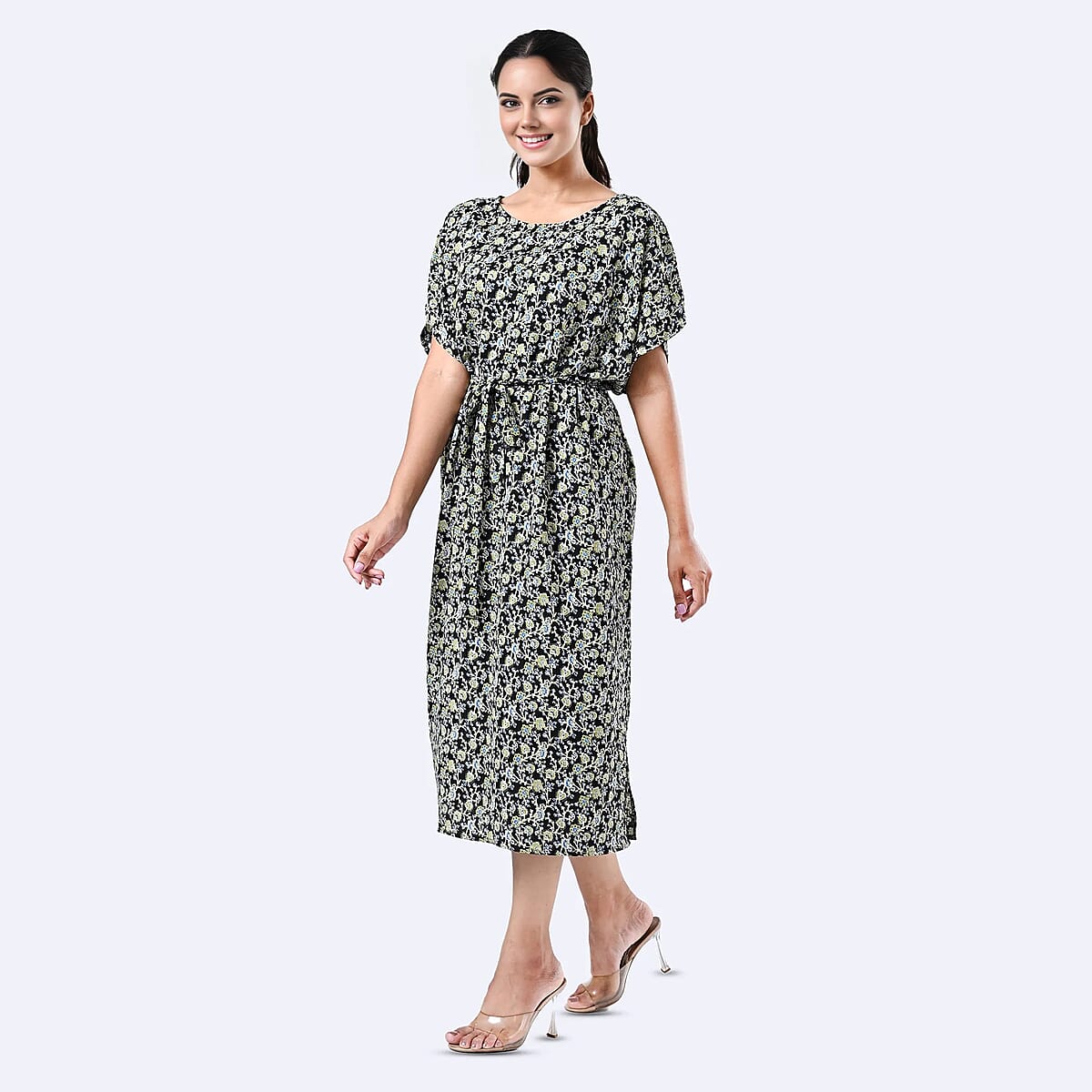 Tamsy Black Floral Polyester Crepe Kaftan Dress with Belt - One Size Fits Most image number 3