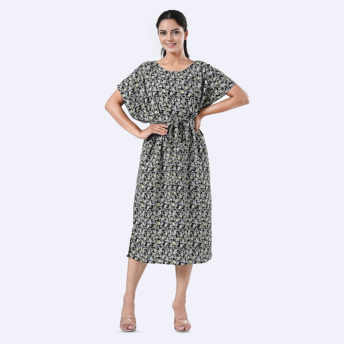 Tamsy Black Floral Polyester Crepe Kaftan Dress with Belt - One Size Fits Most image number 4