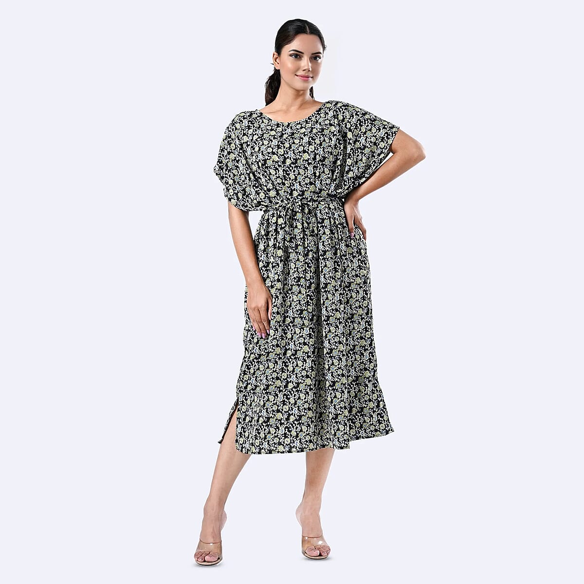 Tamsy Black Floral Polyester Crepe Kaftan Dress with Belt - One Size Fits Most image number 5