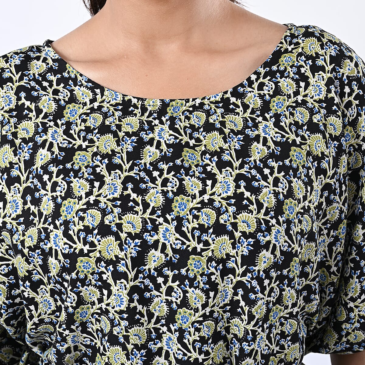 Tamsy Black Floral Polyester Crepe Kaftan Dress with Belt - One Size Fits Most image number 7