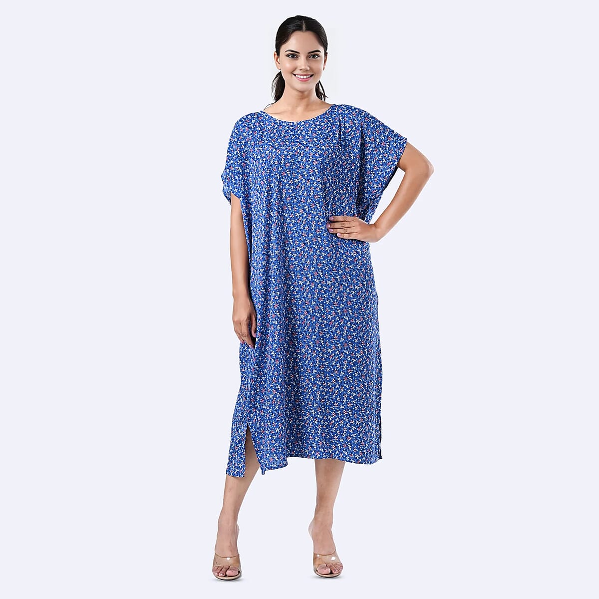 Tamsy Blue Floral Polyester Crepe Kaftan Dress with Belt - One Size Fits Most image number 0