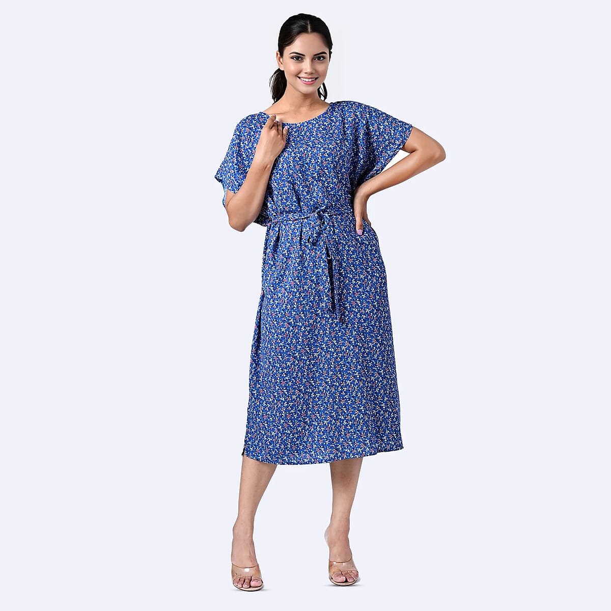 Tamsy Blue Floral Polyester Crepe Kaftan Dress with Belt - One Size Fits Most image number 1