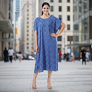 Tamsy Blue Floral Polyester Crepe Kaftan Dress with Belt - One Size Fits Most