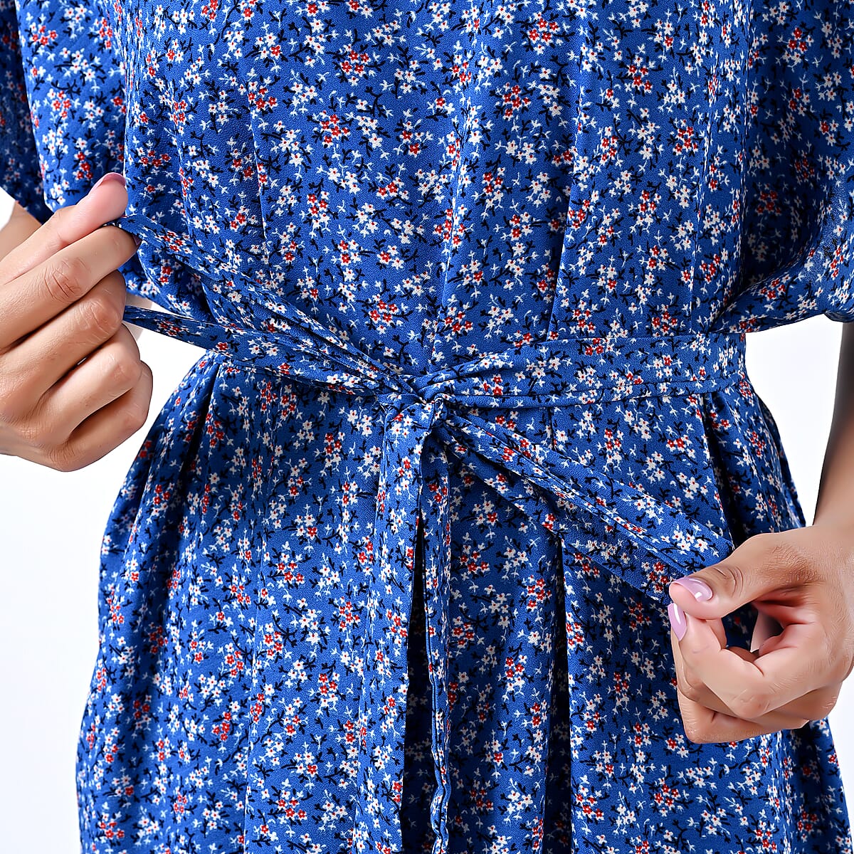 Tamsy Blue Floral Polyester Crepe Kaftan Dress with Belt - One Size Fits Most image number 2