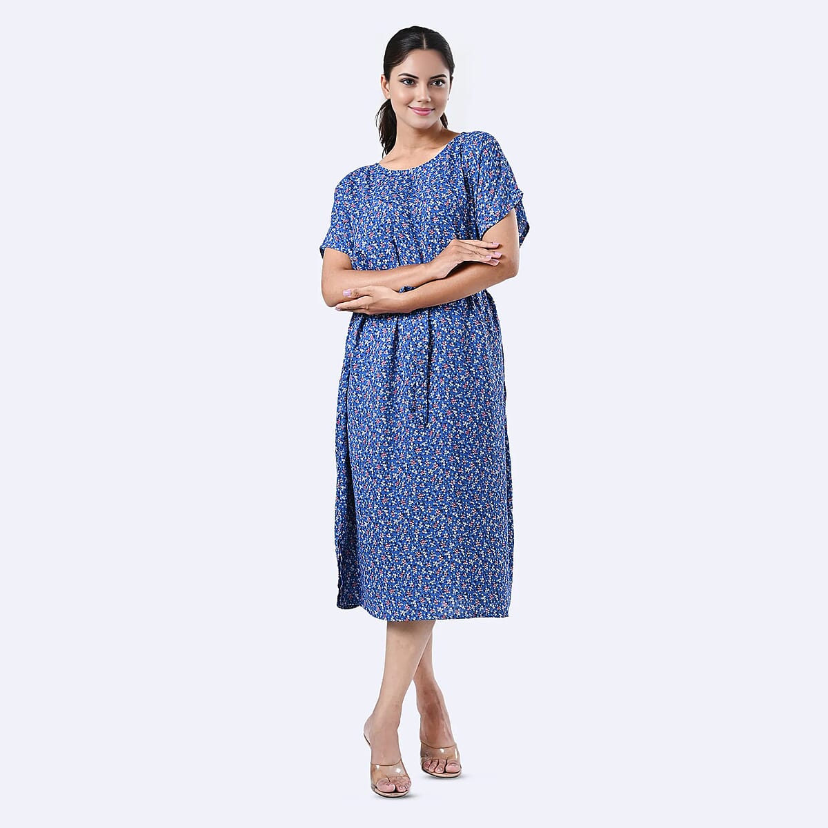 Tamsy Blue Floral Polyester Crepe Kaftan Dress with Belt - One Size Fits Most image number 3