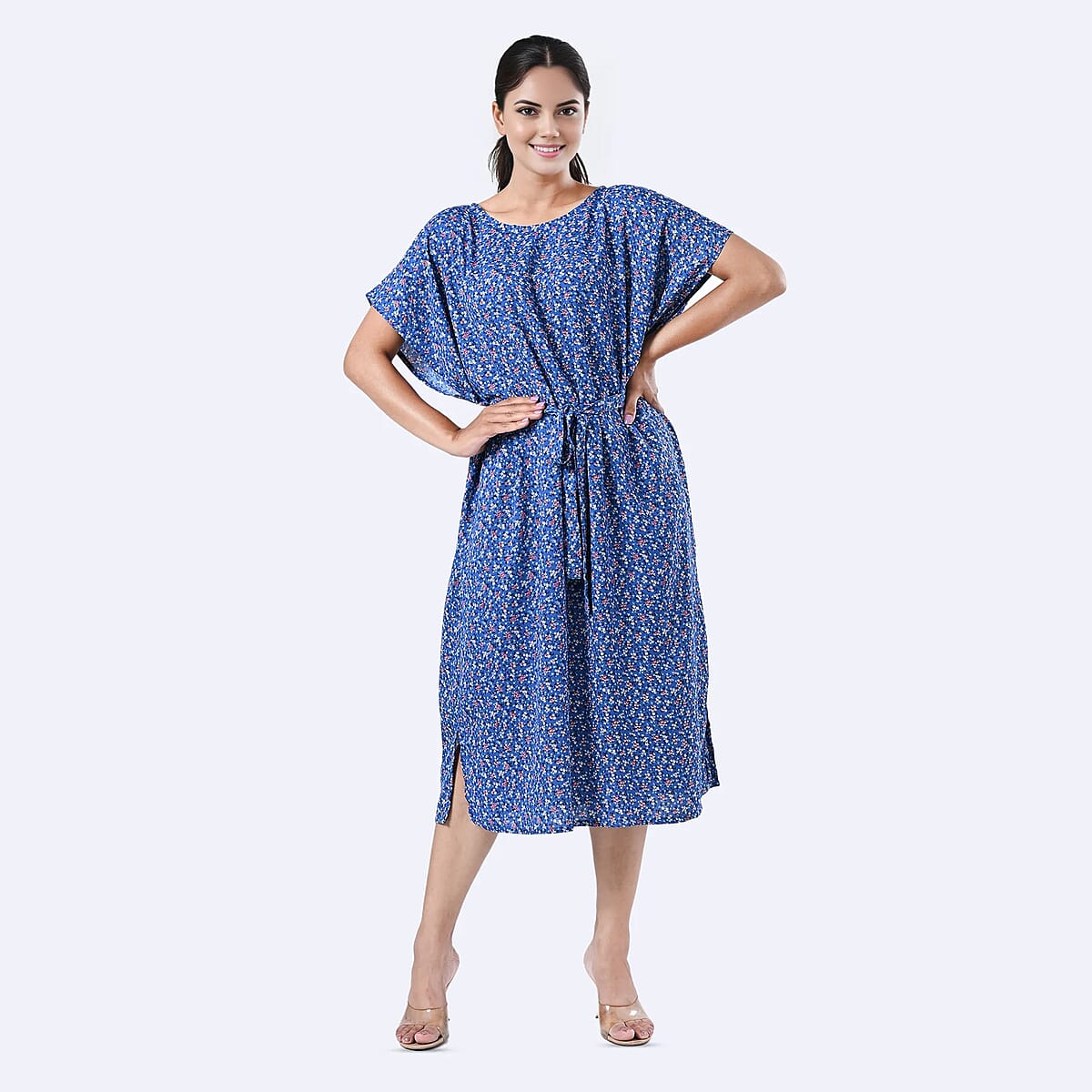 Tamsy Blue Floral Polyester Crepe Kaftan Dress with Belt - One Size Fits Most image number 5