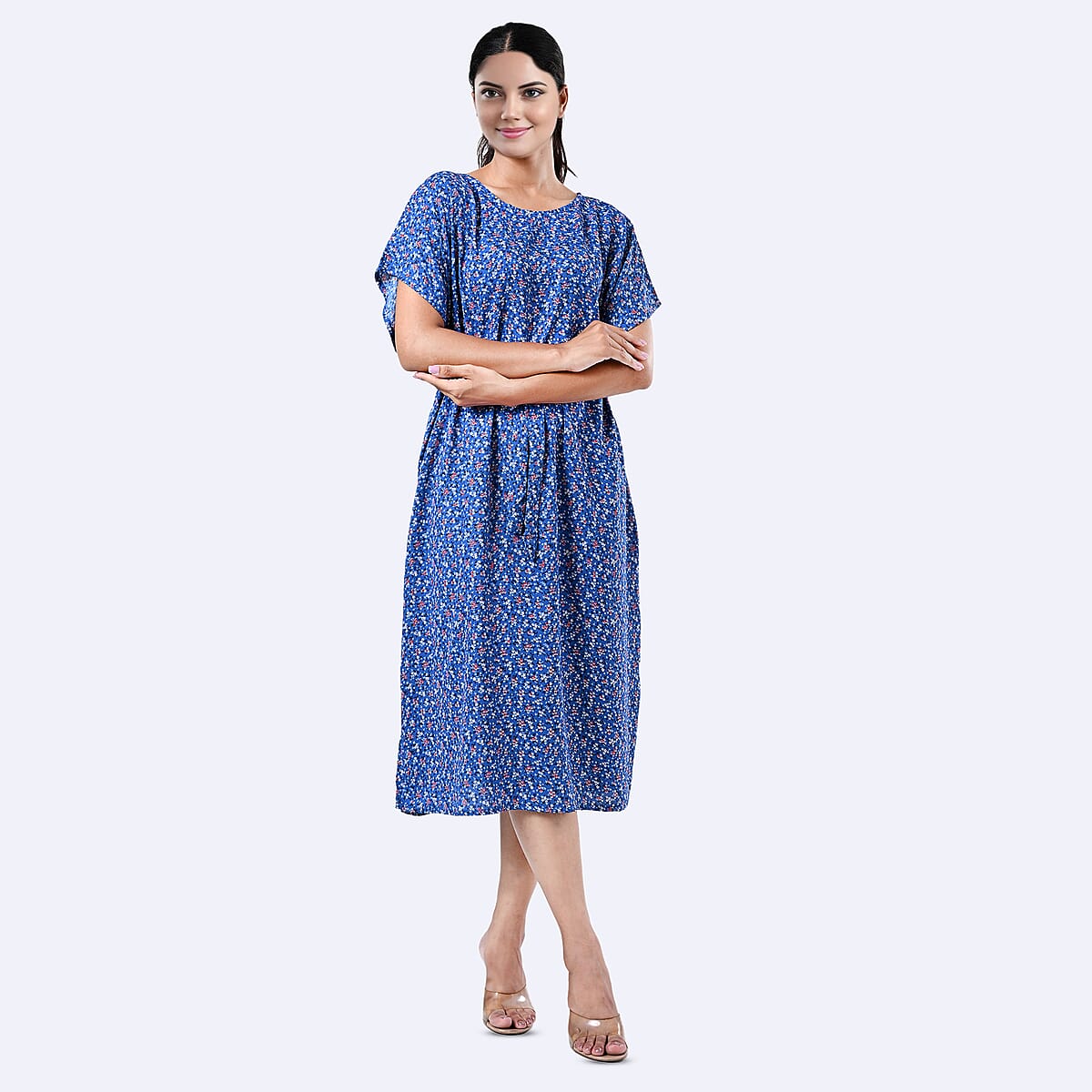 Tamsy Blue Floral Polyester Crepe Kaftan Dress with Belt - One Size Fits Most image number 6