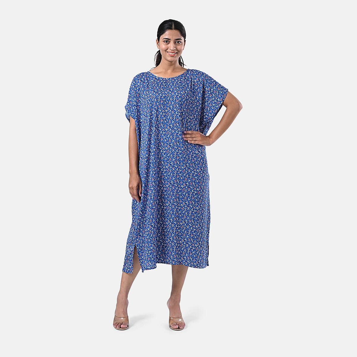 Tamsy Blue Floral Polyester Crepe Kaftan Dress with Belt - One Size Fits Most image number 7