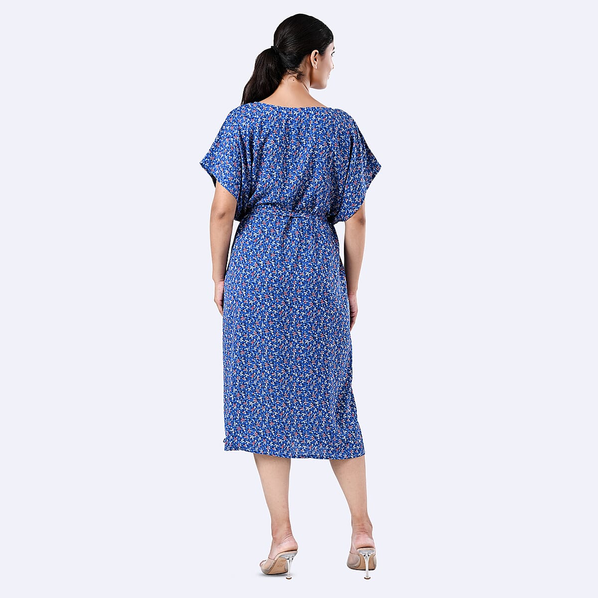 Tamsy Blue Floral Polyester Crepe Kaftan Dress with Belt - One Size Fits Most image number 8