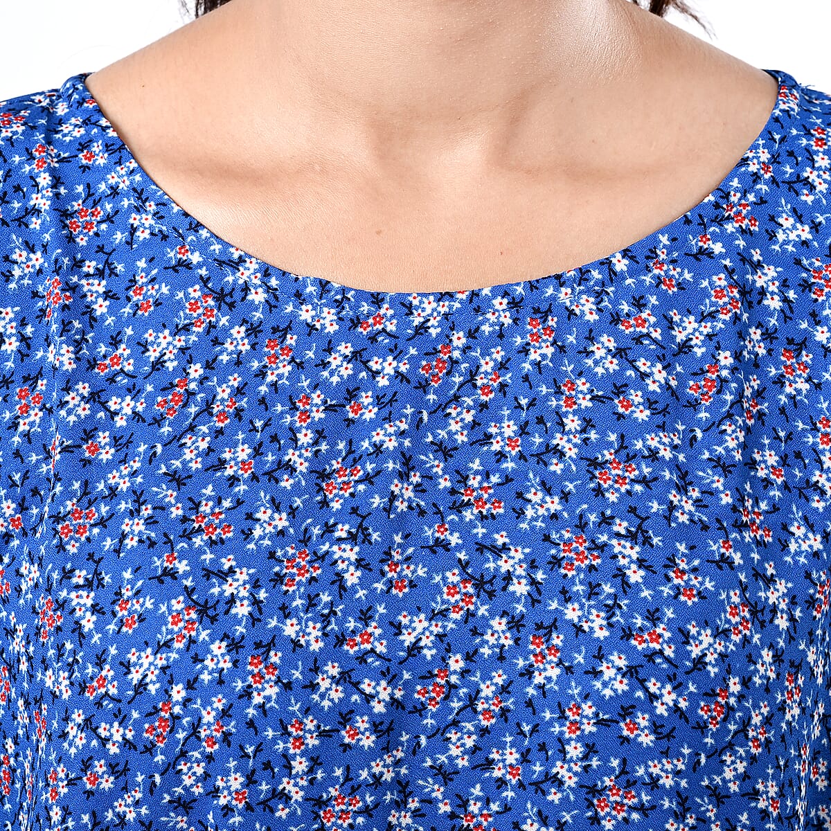 Tamsy Blue Floral Polyester Crepe Kaftan Dress with Belt - One Size Fits Most image number 9