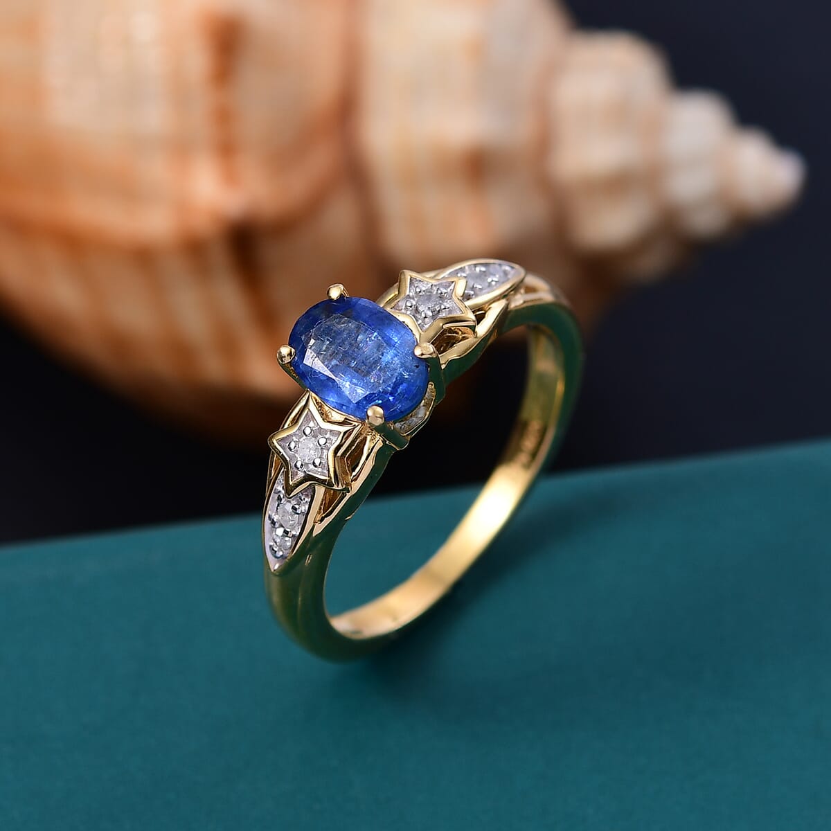 Kashmir Blue Kyanite, White Diamond Ring in 18K Vermeil YG Over Sterling Silver (Size 10.0) 1.10 ctw image number 1