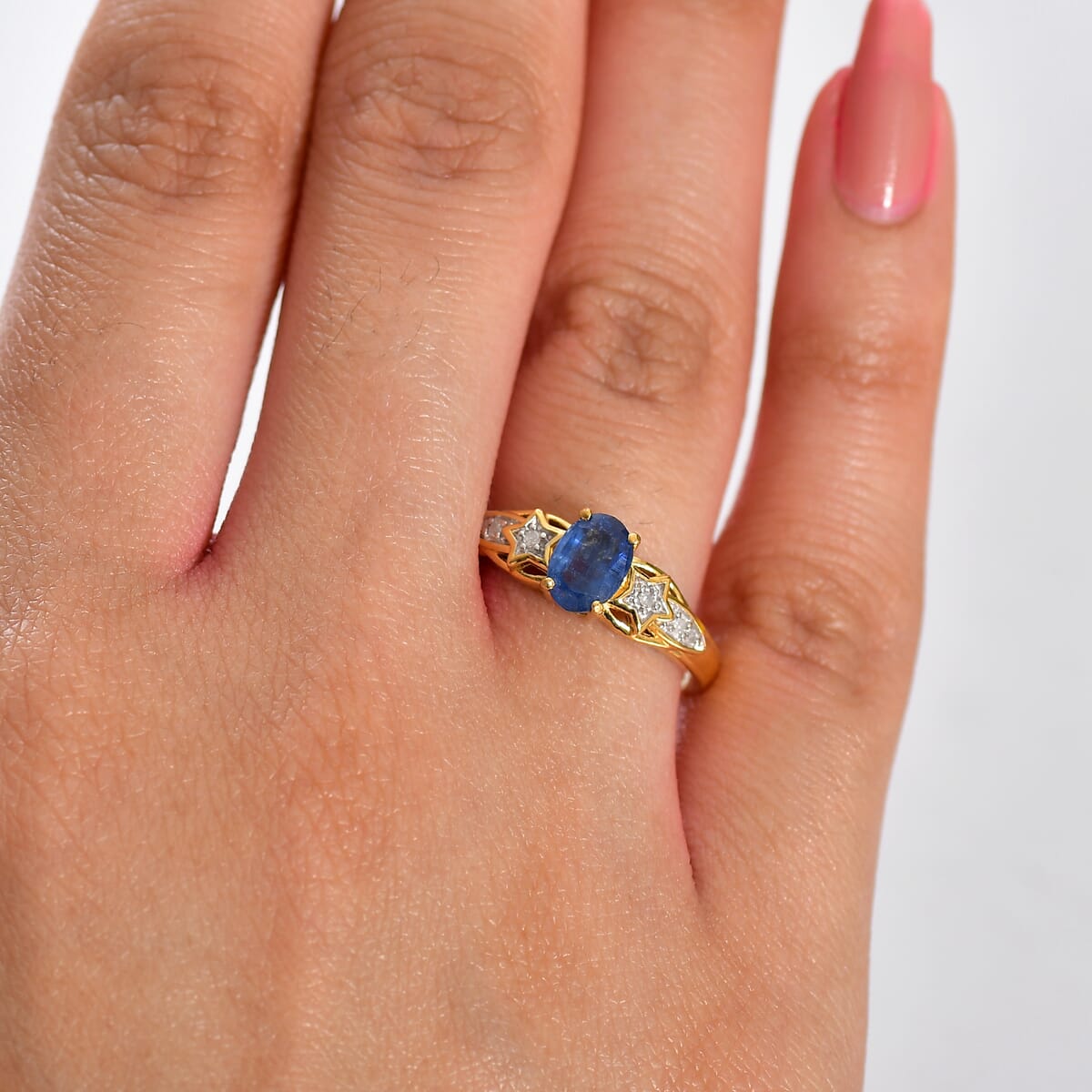 Kashmir Blue Kyanite, White Diamond Ring in 18K Vermeil YG Over Sterling Silver (Size 10.0) 1.10 ctw image number 2