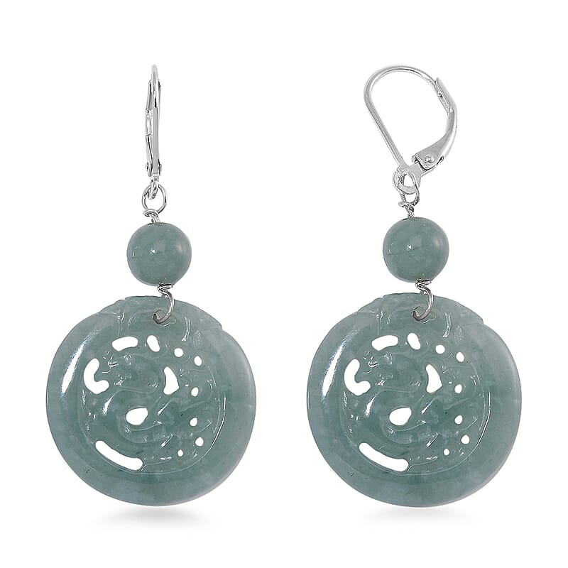 Natural Olmec Jadeite 39.00 ctw Carved Dragon Earrings in Rhodium Over Sterling Silver