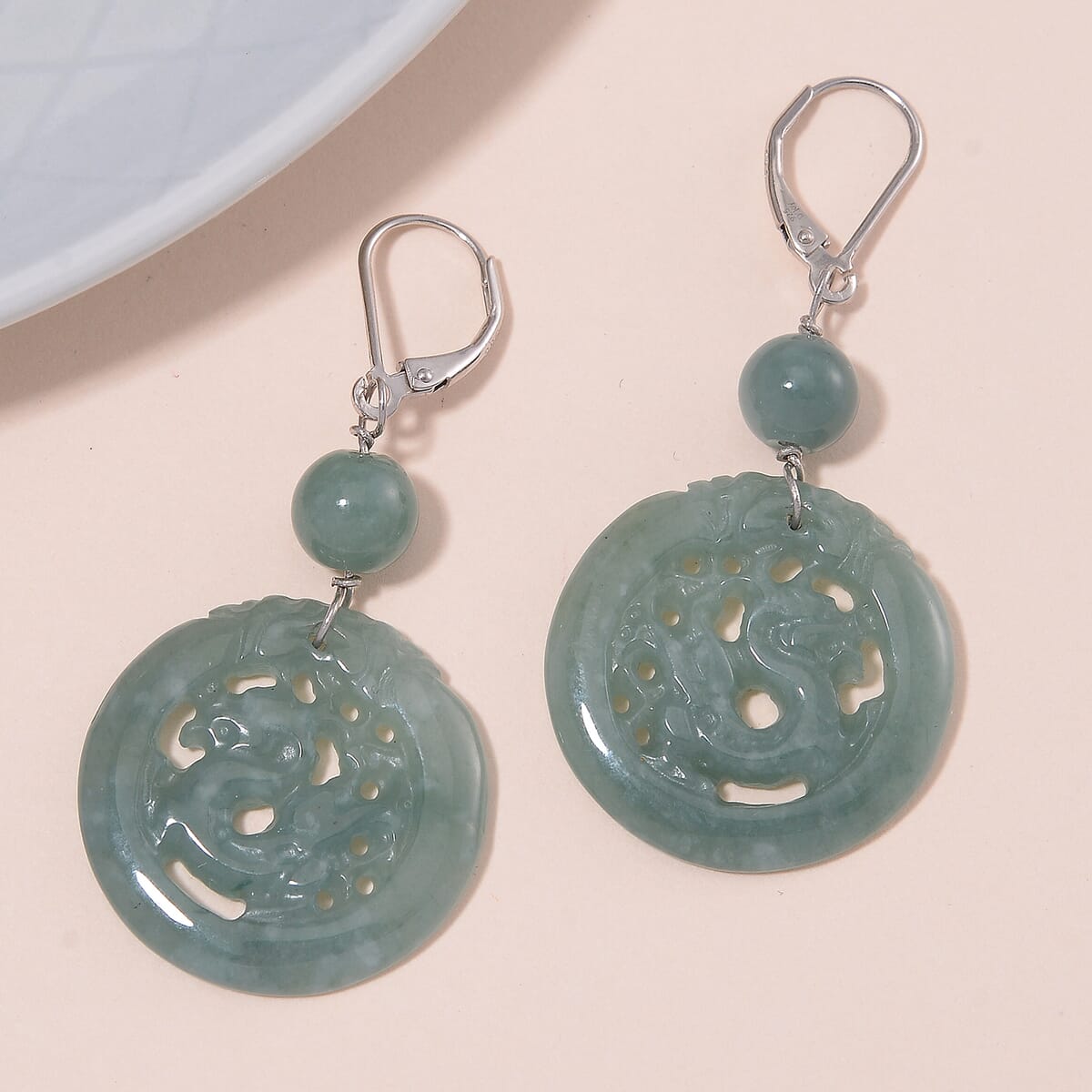 Natural Olmec Jadeite 39.00 ctw Carved Dragon Earrings in Rhodium Over Sterling Silver image number 1