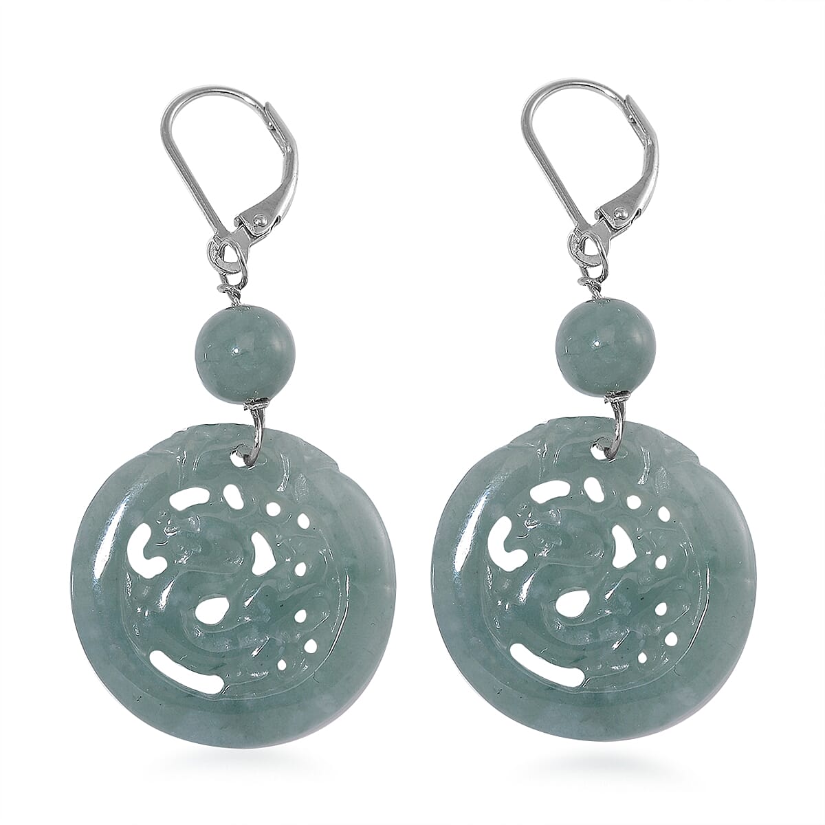 Natural Olmec Jadeite 39.00 ctw Carved Dragon Earrings in Rhodium Over Sterling Silver