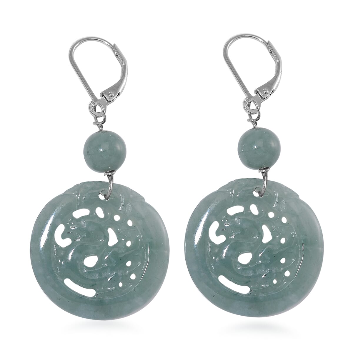 Natural Olmec Jadeite 39.00 ctw Carved Dragon Earrings in Rhodium Over Sterling Silver image number 3