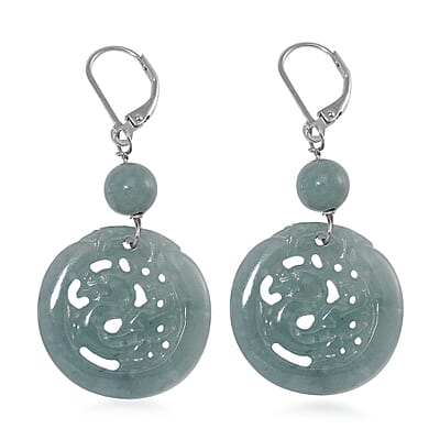 Natural Olmec Jadeite 39.00 ctw Carved Dragon Earrings in Rhodium Over Sterling Silver