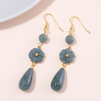 Natural Olmec Jadeite 50.00 ctw Carved Floral Earrings Vermeil YG Over Sterling Silver 