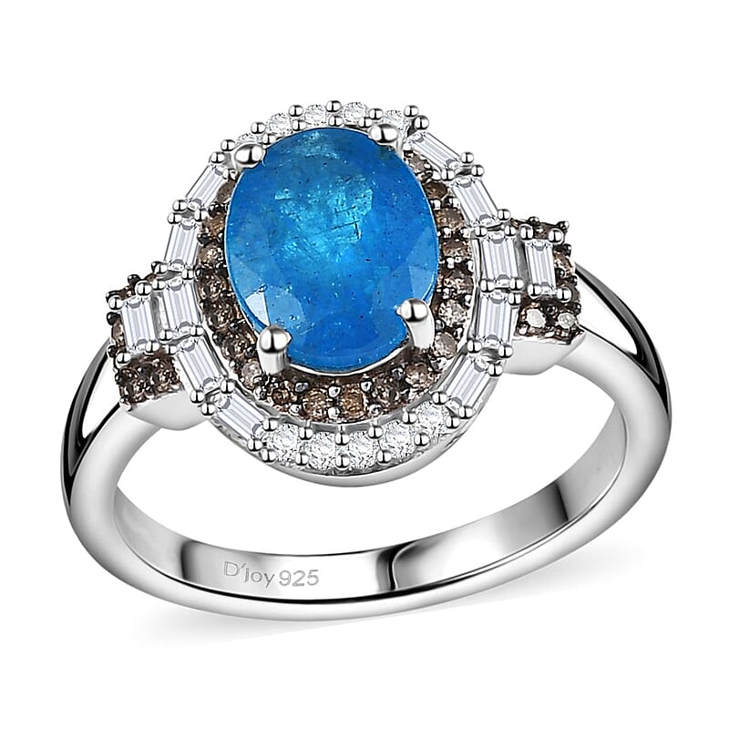 D'Joy Malgache Neon Apatite, Natural Champagne and White Diamond 2.30 ctw Ring in Rhodium Over Sterling Silver (Size 10.0)