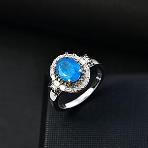 D'Joy Malgache Neon Apatite, Natural Champagne and White Diamond 2.30 ctw Ring in Rhodium Over Sterling Silver (Size 10.0)