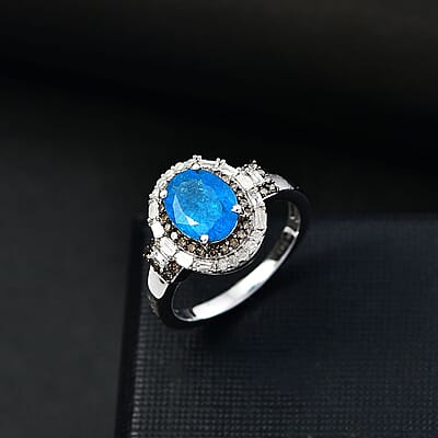 D'Joy Malgache Neon Apatite, Natural Champagne and White Diamond 2.30 ctw Ring in Rhodium Over Sterling Silver (Size 10.0)