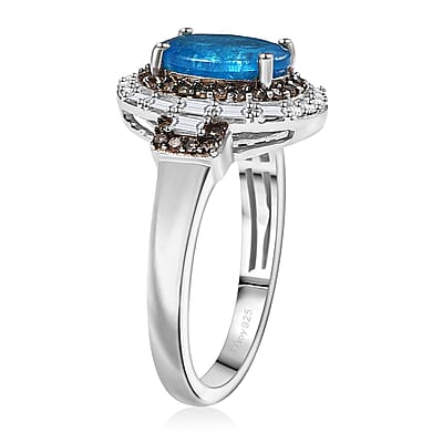 D'Joy Malgache Neon Apatite, Natural Champagne and White Diamond 2.30 ctw Ring in Rhodium Over Sterling Silver (Size 10.0)