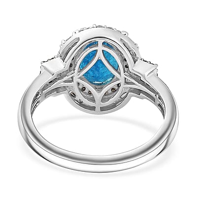 D'Joy Malgache Neon Apatite, Natural Champagne and White Diamond 2.30 ctw Ring in Rhodium Over Sterling Silver (Size 10.0)