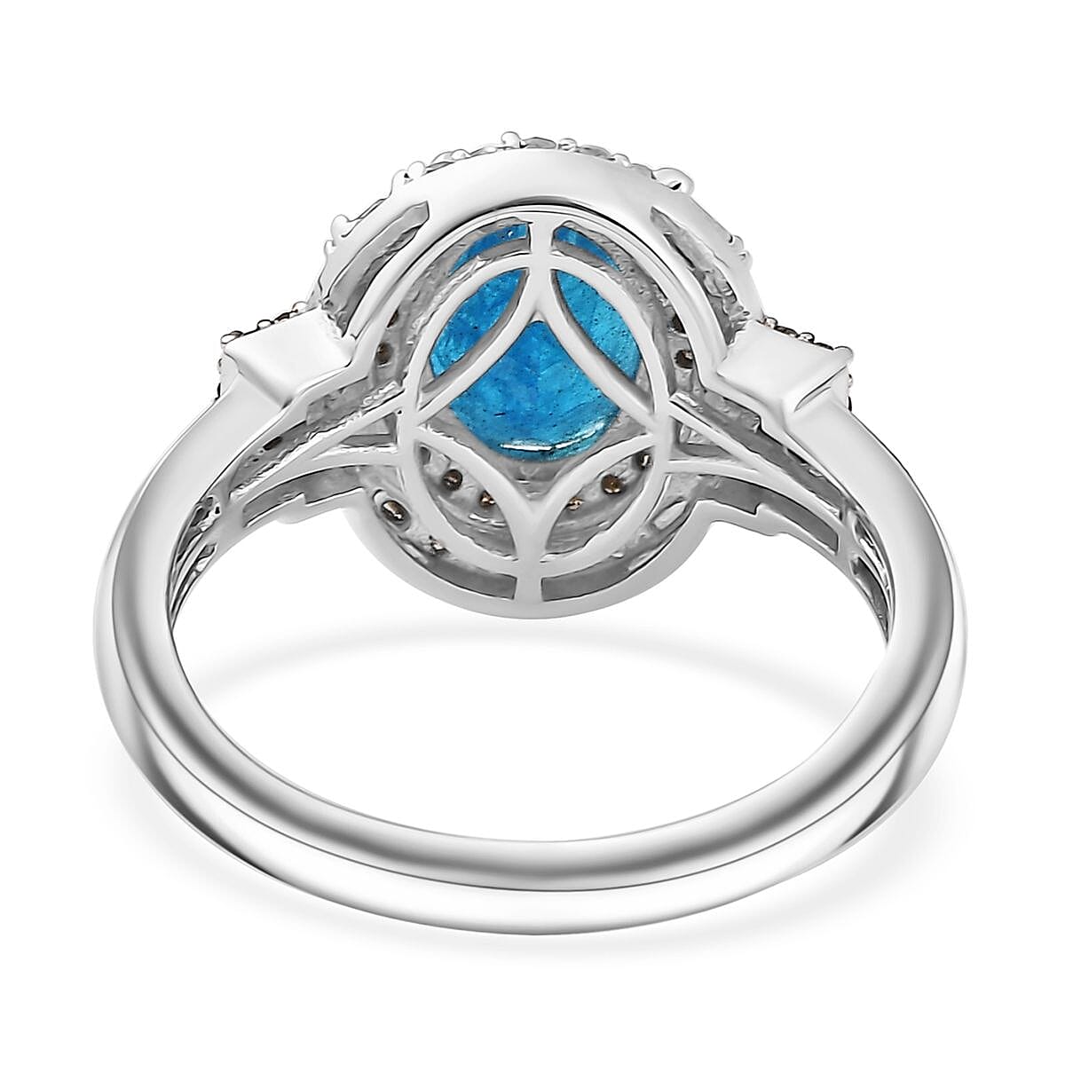 D'Joy Malgache Neon Apatite, Natural Champagne and White Diamond 2.30 ctw Ring in Rhodium Over Sterling Silver (Size 5.0) image number 4