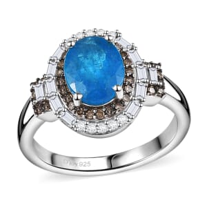 D'Joy Malgache Neon Apatite, Natural Champagne and White Diamond 2.30 ctw Ring in Rhodium Over Sterling Silver (Size 7.0)