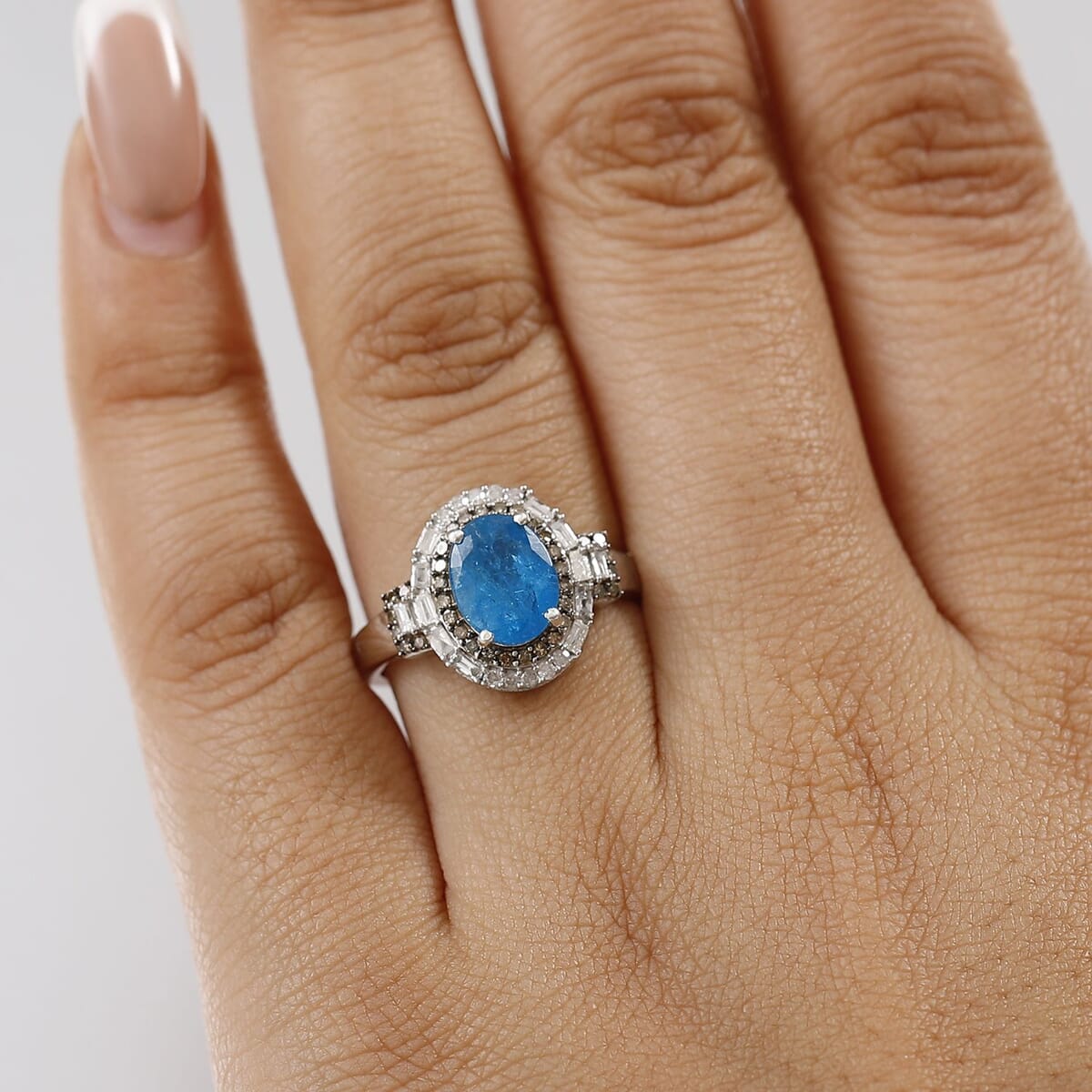 D'Joy Malgache Neon Apatite, Natural Champagne and White Diamond 2.30 ctw Ring in Rhodium Over Sterling Silver (Size 7.0) image number 2